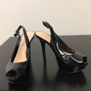 Peep toed sling back black Paten leather heel